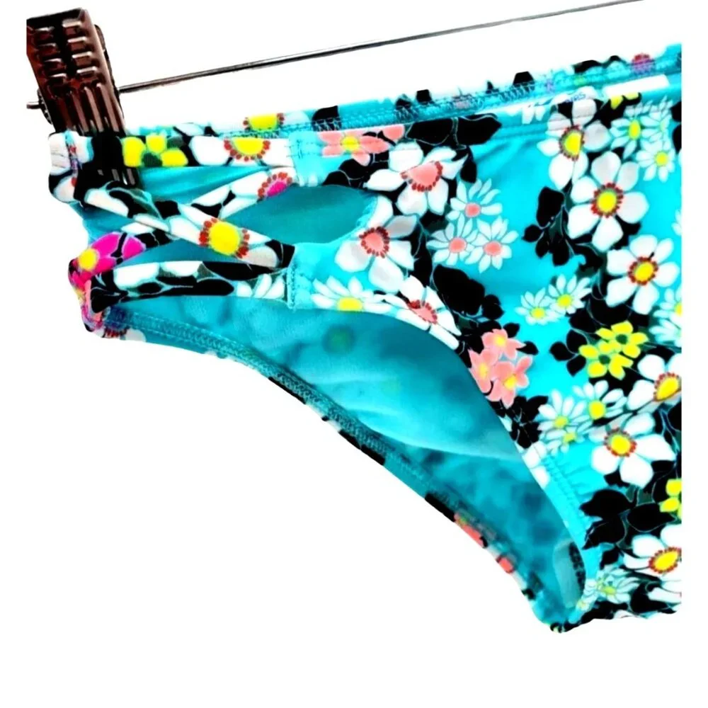 California Waves XS Bikini Bottom Strappy Hipster Cutout side Colorful Floral